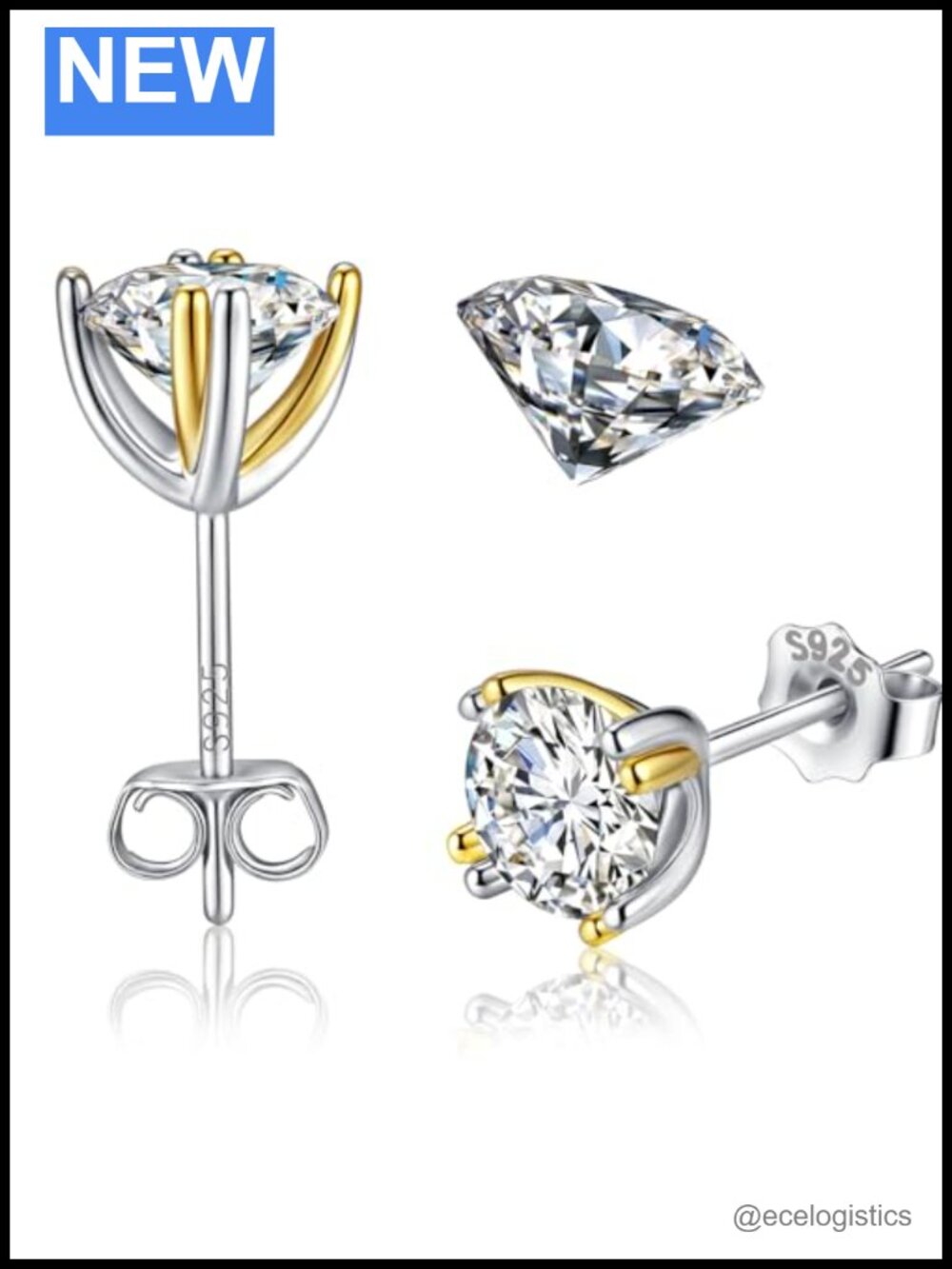 Moissanite Stud Earrings 2CT S925 Sterling Silver 18K Gold Plating